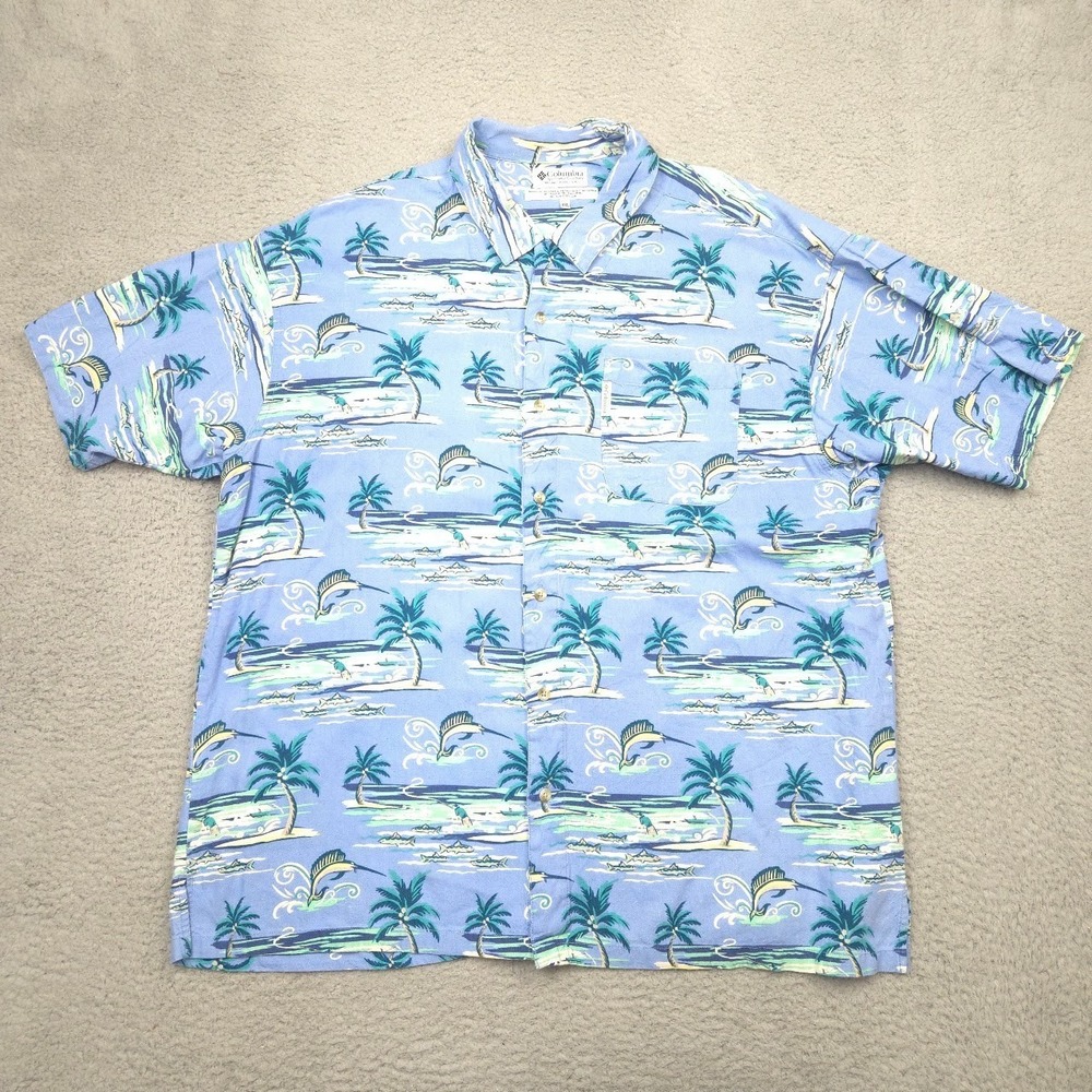 Vintage Y2K Columbia Hawaiian Shirt Mens XXL Marlin Palm Rayon Linen Blue